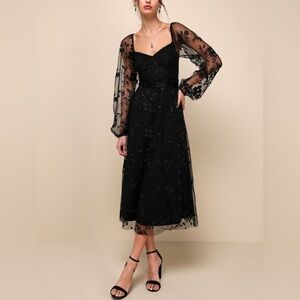 NWT Lulus Darling Charisma Black Mesh Floral Embroidered Midi Dress